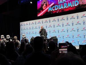 Ian McDiarmid with a cast of Star Wars characters