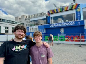 Ben and Ian in front of the UEFA Euro booth in the Brandenburg Gate Fanzone